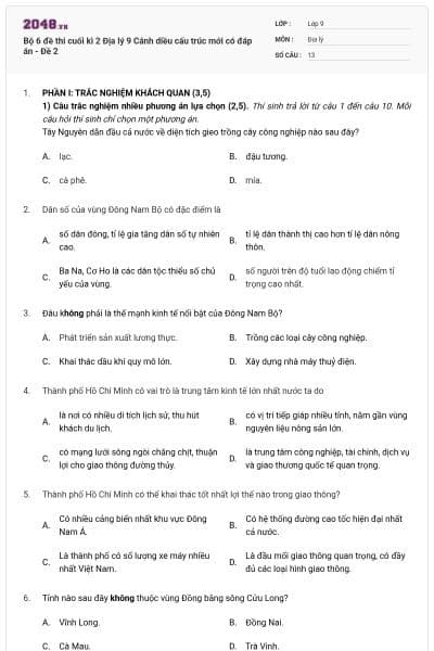 Bộ 6 đề thi cuối kì 2 Địa lý 9 Cánh diều cấu trúc mới có đáp án - Đề 2