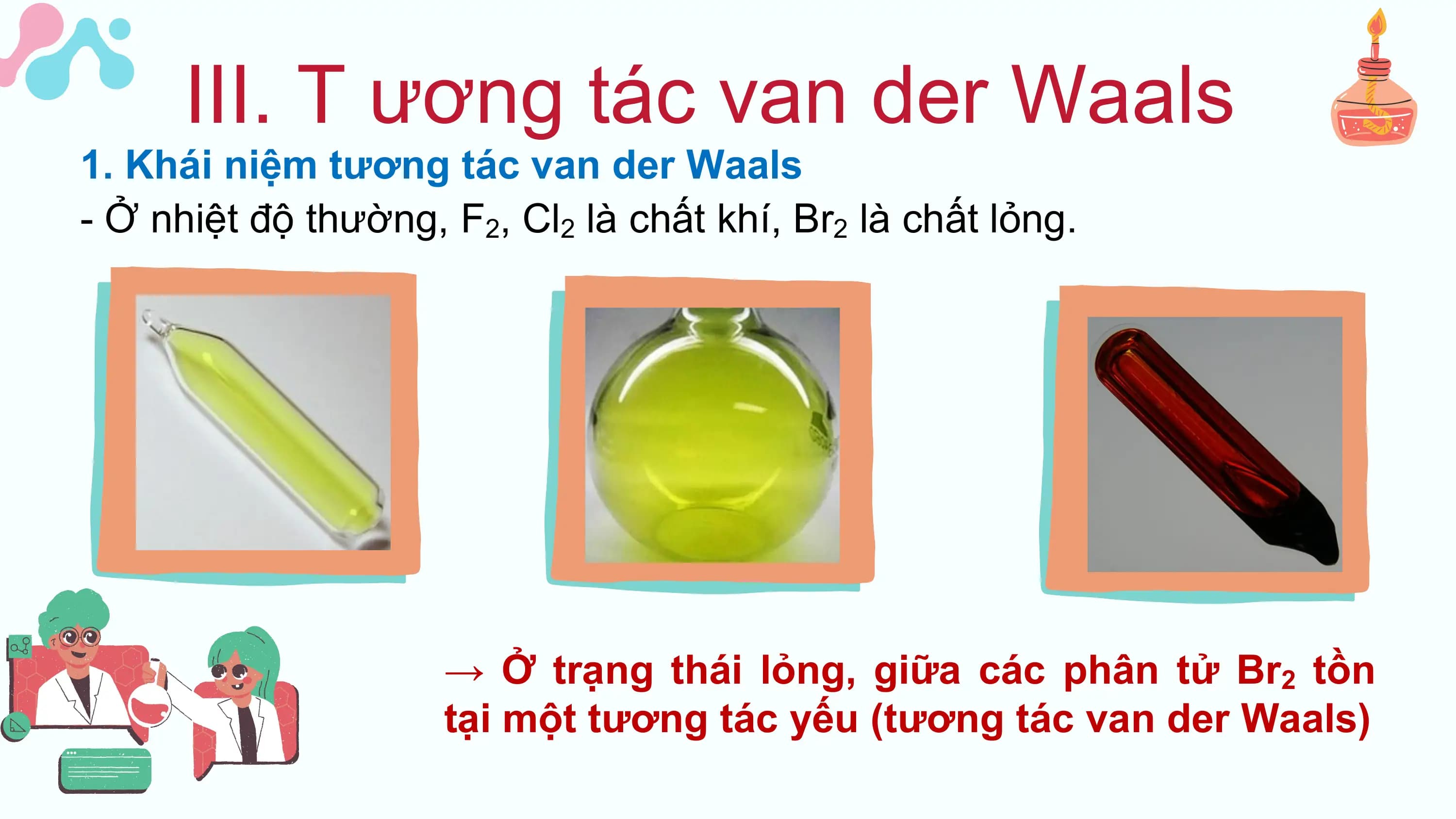 III. T ương tác van der Waals
1. Khái niệm tương tác van der Waals
- Ở nhiệt độ thường, F2, Cl2 là chất khí, Br2 là chất lỏng.
→ Ở trạng thái lỏng, giữa các phân tử Br2 tồn
tại một tương tác yếu (tương tác van der Waals)