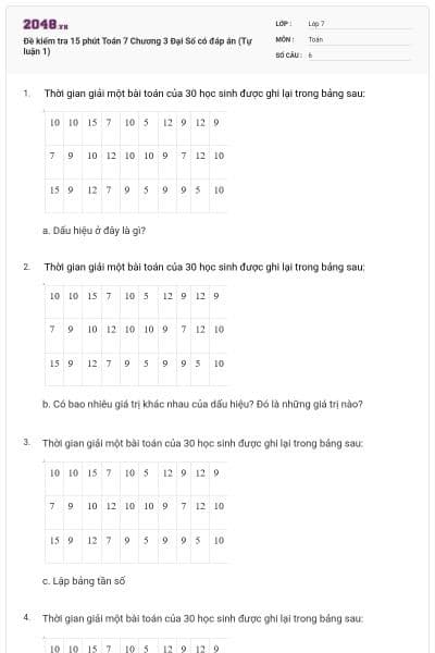 Đề kiểm tra 15 phút Toán 7 Chương 3 Đại Số có đáp án (Tự luận 1)