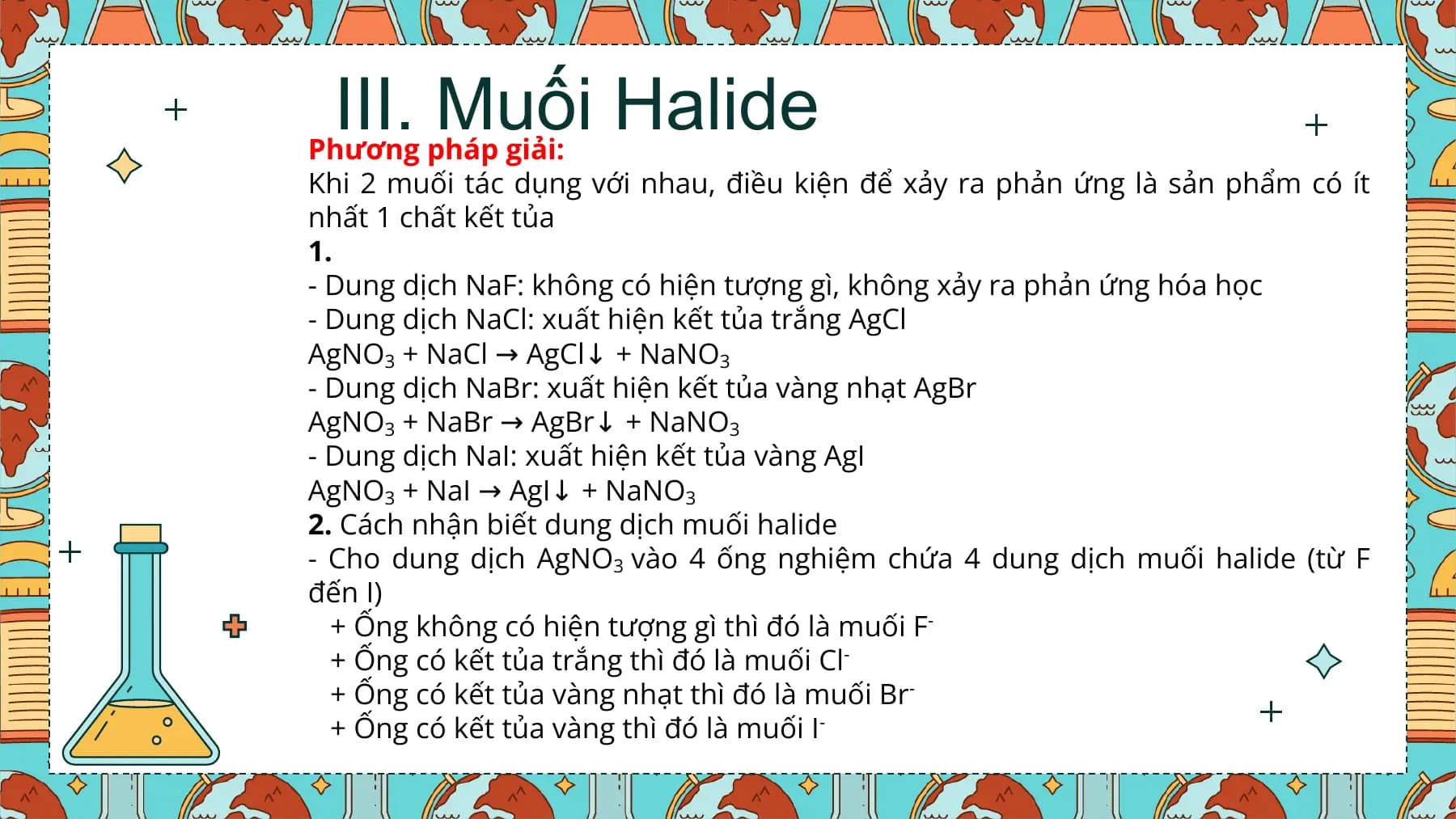 III. Muối Halide
Phương pháp giải:
Khi 2 muối tác dụng với nhau, điều kiện để xảy ra phản ứng là sản phẩm có ít
nhất 1 chất kết tủa
1.
- Dung dịch NaF: không có hiện tượng gì, không xảy ra phản ứng hóa học
- Dung dịch NaCl: xuất hiện kết tủa trắng AgCl
AgNO3 + NaCl → AgCl↓ + NaNO3
- Dung dịch NaBr: xuất hiện kết tủa vàng nhạt AgBr
AgNO3 + NaBr → AgBr↓ + NaNO3
- Dung dịch NaI: xuất hiện kết tủa vàng AgI
AgNO3 + NaI → AgI↓ + NaNO3
2. Cách nhận biết dung dịch muối halide
- Cho dung dịch AgNO3 vào 4 ống nghiệm chứa 4 dung dịch muối halide (từ F
đến I)
+ Ống không có hiện tượng gì thì đó là muối F-
+ Ống có kết tủa trắng thì đó là muối Cl-
+ Ống có kết tủa vàng nhạt thì đó là muối Br-
+ Ống có kết tủa vàng thì đó là muối I-