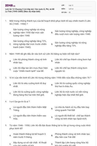 Lịch Sử 12 Chương 3 (có đáp án): Các nước Á, Phi, và Mĩ La Tinh (1945-2000) (Mức độ nhận biết)