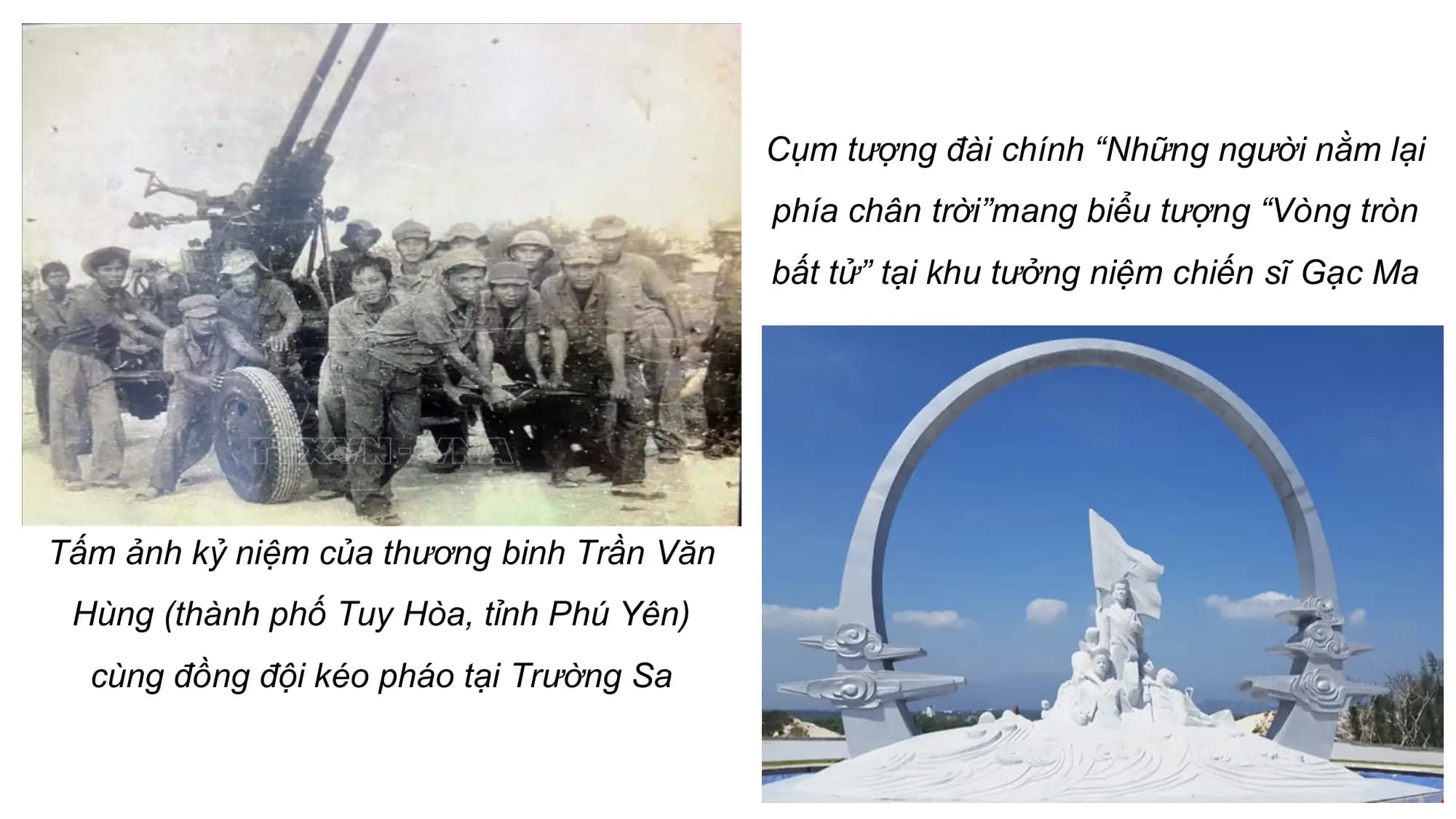 Cụm tượng đài chính “Những người nằm lại
phía chân trời”mang biểu tượng “Vòng tròn
bất tử” tại khu tưởng niệm chiến sĩ Gạc Ma
Tấm ảnh kỷ niệm của thương binh Trần Văn
Hùng (thành phố Tuy Hòa, tỉnh Phú Yên)
cùng đồng đội kéo pháo tại Trường Sa