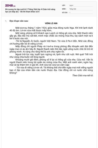 Đề cương ôn tập cuối kì 2 Tiếng Việt lớp 4 Chân trời sáng tạo (có đáp án) - Đề thi tham khảo số 6
