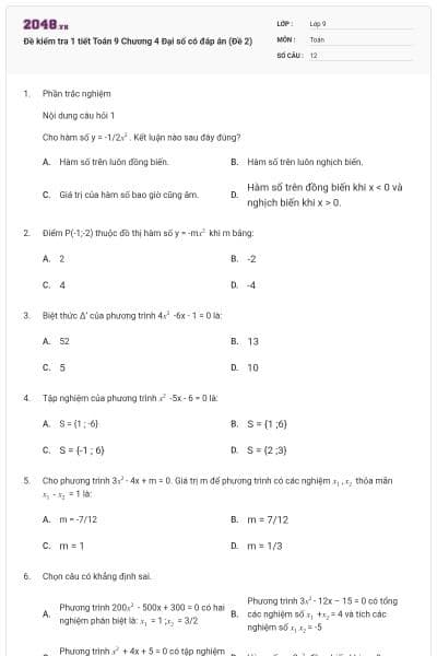 Đề kiểm tra 1 tiết Toán 9 Chương 4 Đại số có đáp án (Đề 2)