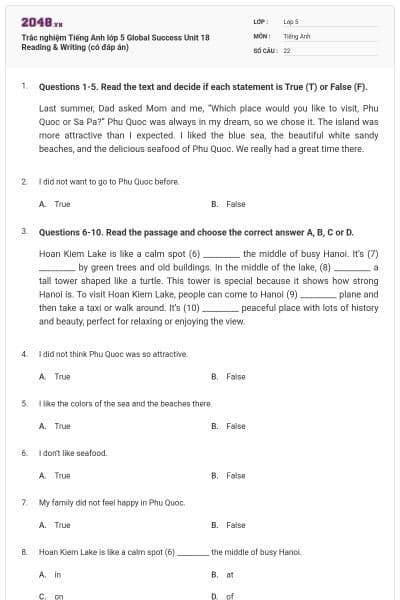 Trắc nghiệm Tiếng Anh lớp 5 Global Success Unit 18 Reading & Writing (có đáp án)