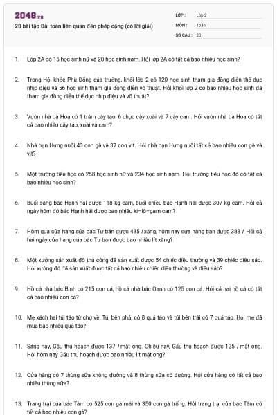 20 bài tập Bài toán liên quan đến phép cộng (có lời giải)