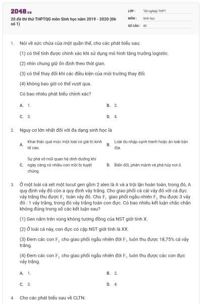 20 đề thi thử THPTQG môn Sinh học năm 2019 - 2020 (Đề số 1)