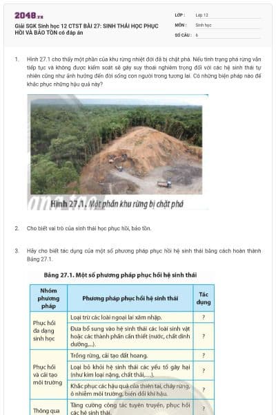 Giải SGK Sinh học 12 CTST BÀI 27: SINH THÁI HỌC PHỤC HỒI VÀ BẢO TỒN có đáp án