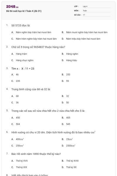 Đề thi cuối học kì I Toán 4 (đề 31)