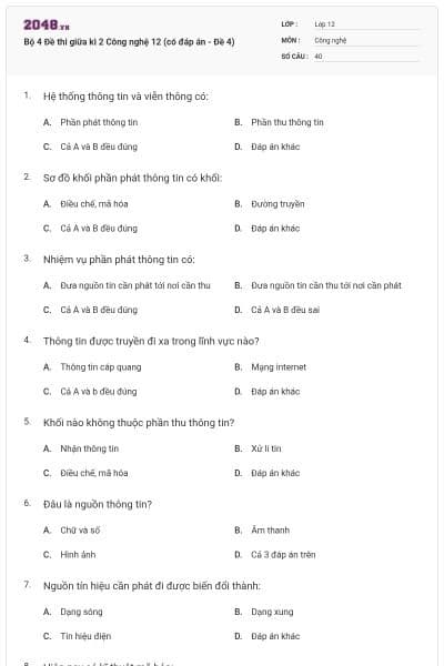 Bộ 4 Đề thi giữa kì 2 Công nghệ 12 (có đáp án - Đề 4)