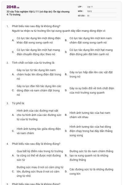 33 câu Trắc nghiệm Vật Lí 11 (có đáp án): Ôn tập chương 4: Từ trường