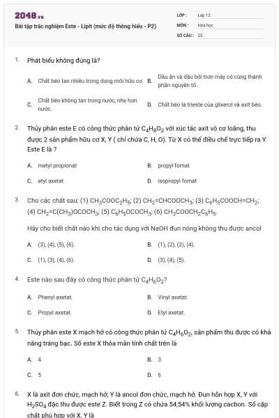 Bài tập trắc nghiệm Este - Lipit (mức độ thông hiểu - P2)