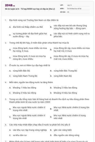 Đề ôn luyện số 6 - Tổ hợp KHXH cực hay có đáp án (Đia Lí)