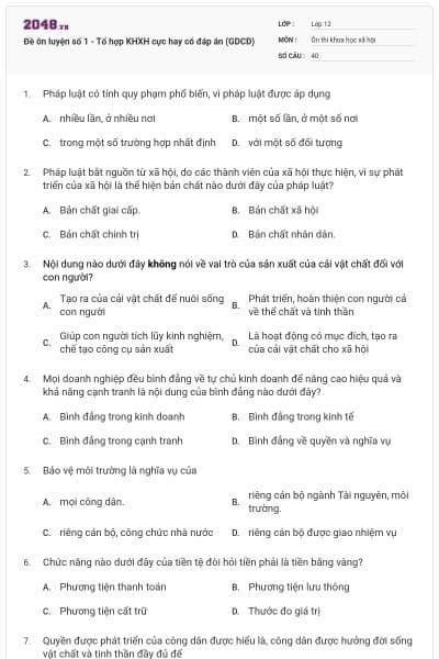 Đề ôn luyện số 1 - Tổ hợp KHXH cực hay có đáp án (GDCD)
