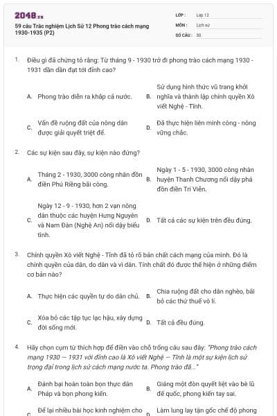 59 câu Trắc nghiệm Lịch Sử 12 Phong trào cách mạng 1930-1935 (P2)
