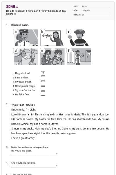 Bộ 5 đề thi giữa kì 1 Tiếng Anh 4 Family & Friends có đáp án (Đề 1)