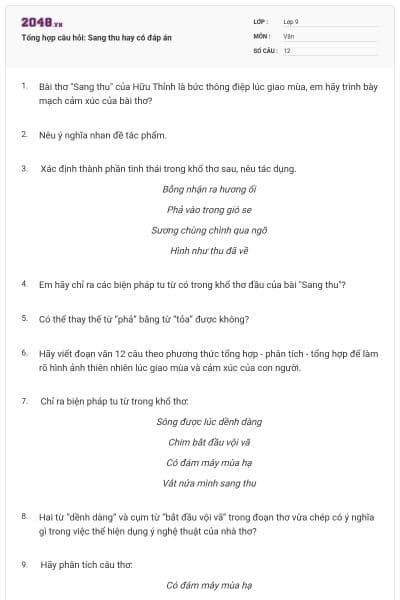 Tổng hợp câu hỏi: Sang thu hay có đáp án