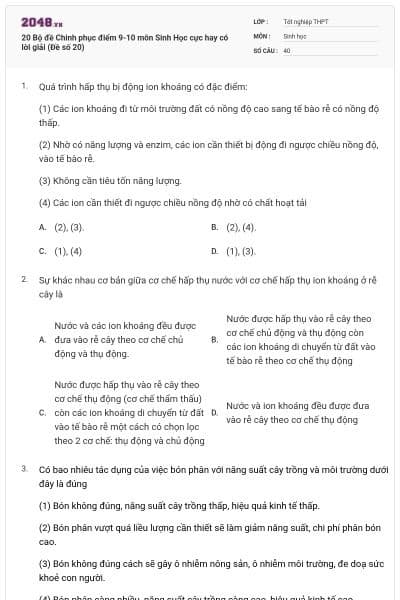 20 Bộ đề Chinh phục điểm 9-10 môn Sinh Học cực hay có lời giải (Đề số 20)