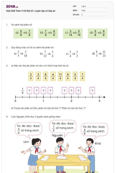 Giải SGK Toán 4 CD Bài 63. Luyện tập có đáp án