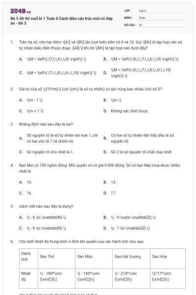Bộ 5 đề thi cuối kì 1 Toán 6 Cánh diều cấu trúc mới có đáp án - Đề 3