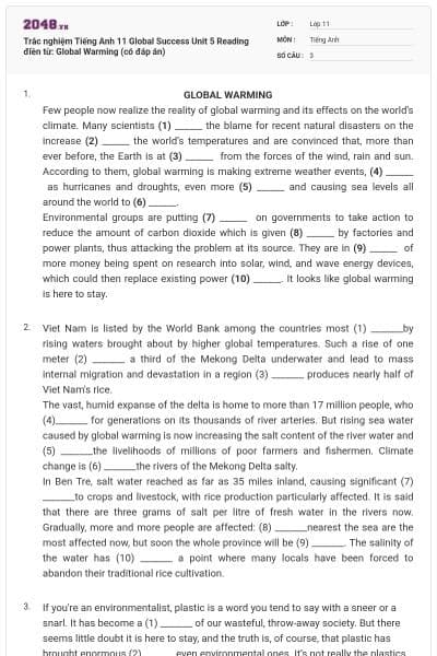 Trắc nghiệm Tiếng Anh 11 Global Success Unit 5 Reading điền từ: Global Warming (có đáp án)