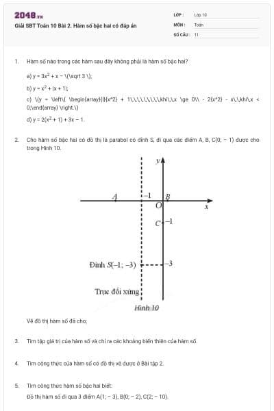 Giải SBT Toán 10 Bài 2. Hàm số bậc hai có đáp án
