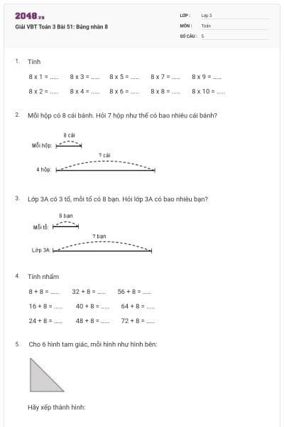 Giải VBT Toán 3 Bài 51: Bảng nhân 8