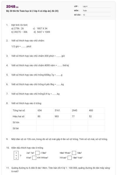 Bộ 30 Đề thi Toán học kì 2 lớp 4 có đáp án( đề 20)