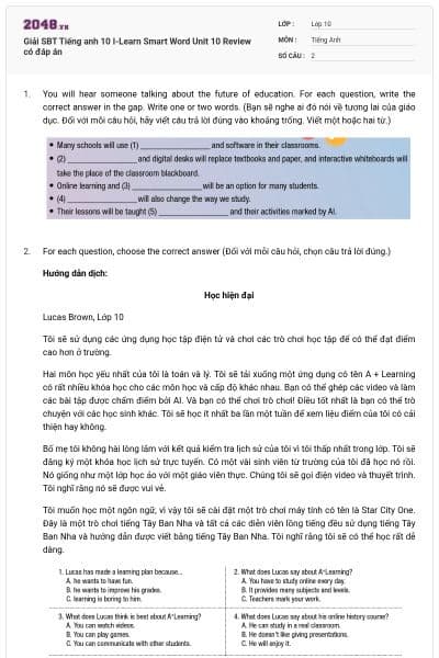 Giải SBT Tiếng anh 10 I-Learn Smart Word Unit 10 Review có đáp án