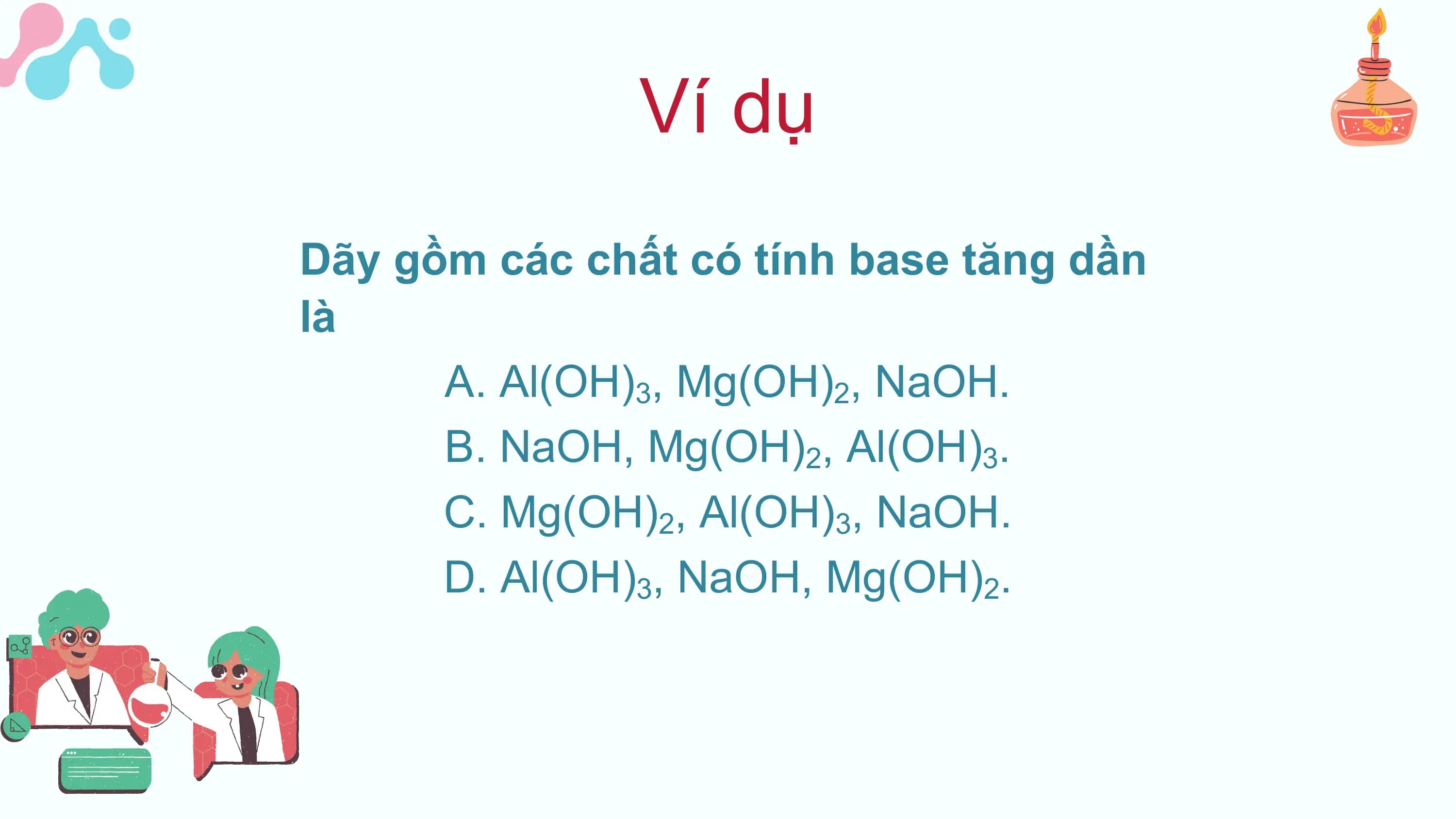 Ví dụ
Dãy gồm các chất có tính base tăng dần
là
A. Al(OH)3, Mg(OH)2, NaOH.
B. NaOH, Mg(OH)2, Al(OH)3.
C. Mg(OH)2, Al(OH)3, NaOH.
D. Al(OH)3, NaOH, Mg(OH)2.