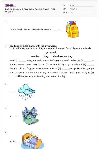 Bộ 5 đề thi giữa kì 2 Tiếng Anh 4 Family & Friends có đáp án (Đề 2)