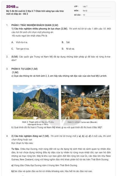 Bộ 5 đề thi cuối kì 2 Địa lí 7 Chân trời sáng tạo cấu trúc mới có đáp án - Đề 2