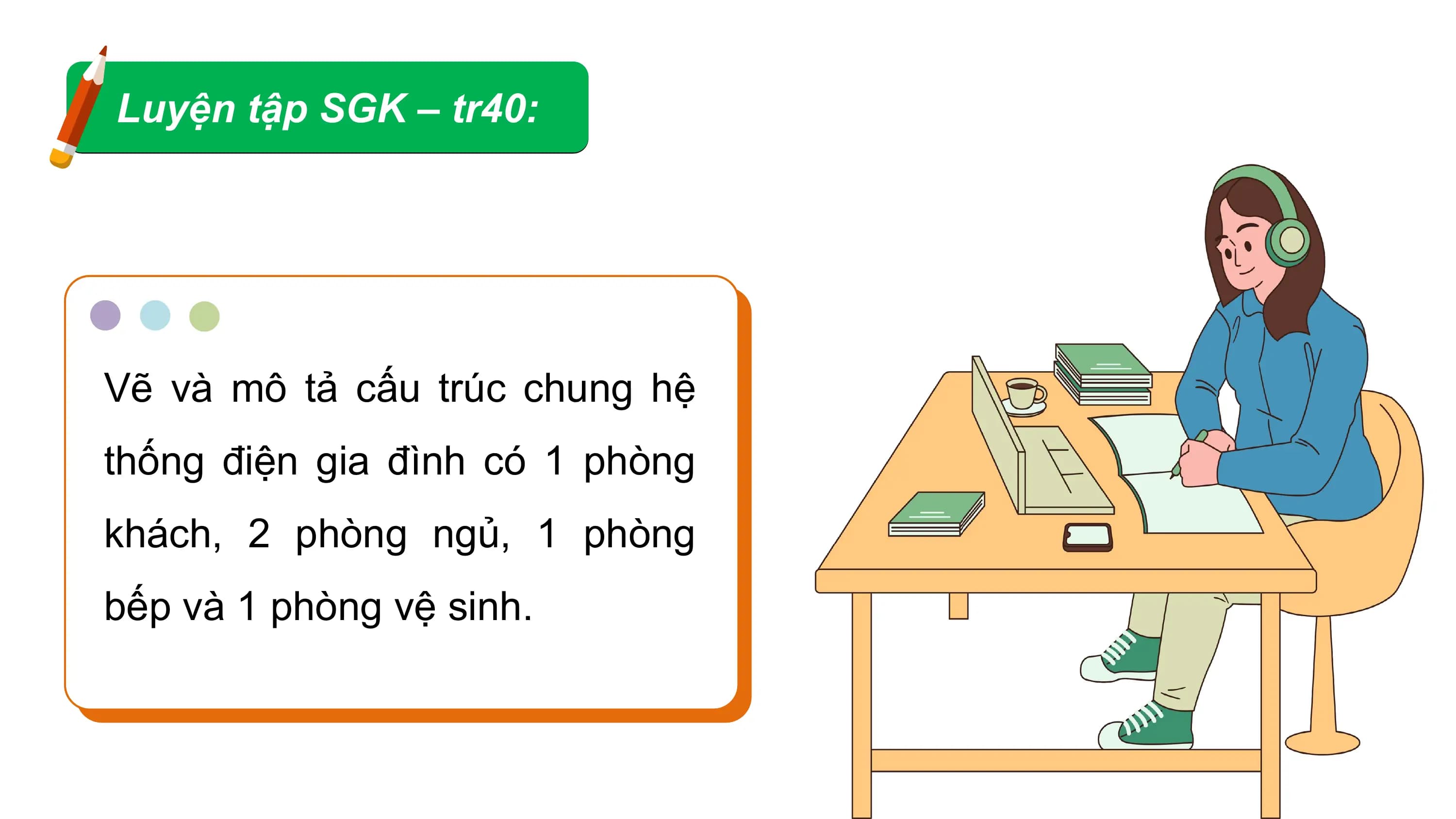 Luyện tập SGK – tr40:
Vẽ và mô tả cấu trúc chung hệ
thống điện gia đình có 1 phòng
khách, 2 phòng ngủ, 1 phòng
bếp và 1 phòng vệ sinh.