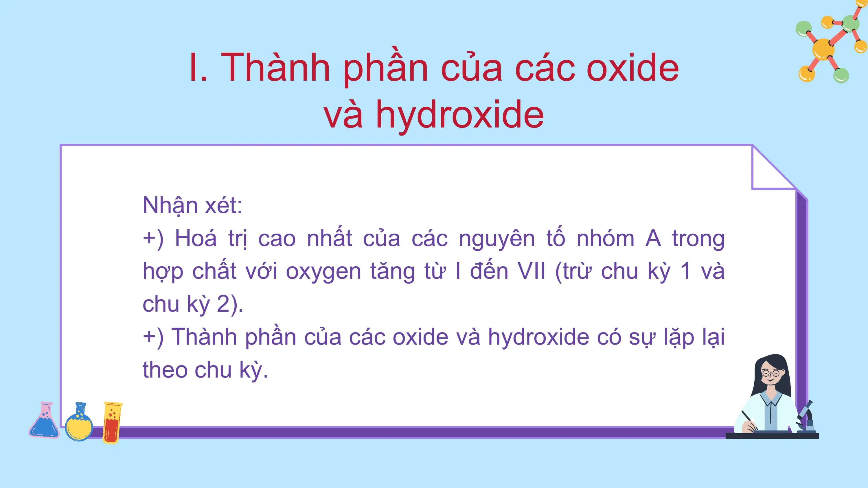 I. Thành phần của các oxide
và hydroxide
Nhận xét:
+) Hoá trị cao nhất của các nguyên tố nhóm A trong
hợp chất với oxygen tăng từ I đến VII (trừ chu kỳ 1 và
chu kỳ 2).
+) Thành phần của các oxide và hydroxide có sự lặp lại
theo chu kỳ.