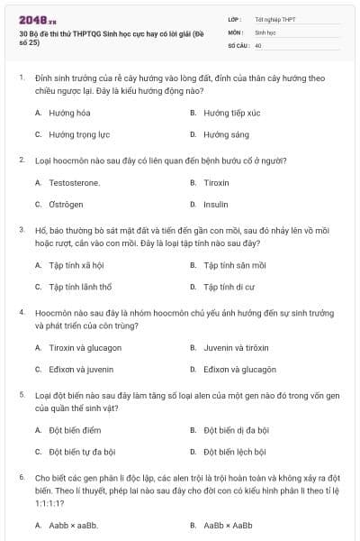 30 Bộ đề thi thử THPTQG Sinh học cực hay có lời giải (Đề số 25)