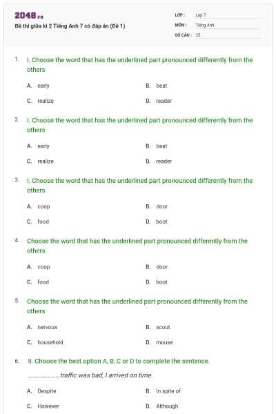 Đề thi giữa kì 2 Tiếng Anh 7 có đáp án (Đề 1)