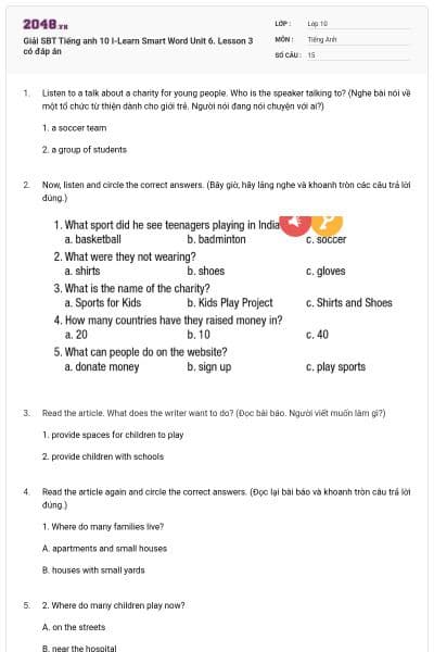 Giải SBT Tiếng anh 10 I-Learn Smart Word Unit 6. Lesson 3 có đáp án