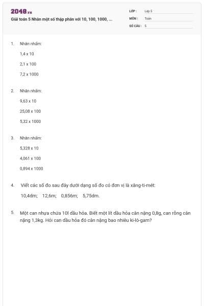 Giải toán 5 Nhân một số thập phân với 10, 100, 1000, ...
