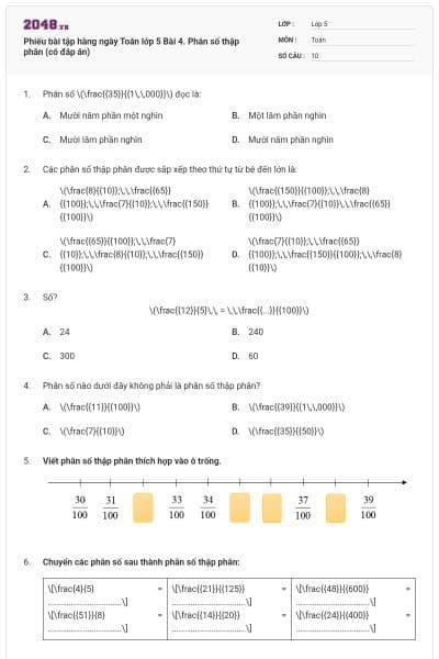 Phiếu bài tập hàng ngày Toán lớp 5 Bài 4. Phân số thập phân (có đáp án)