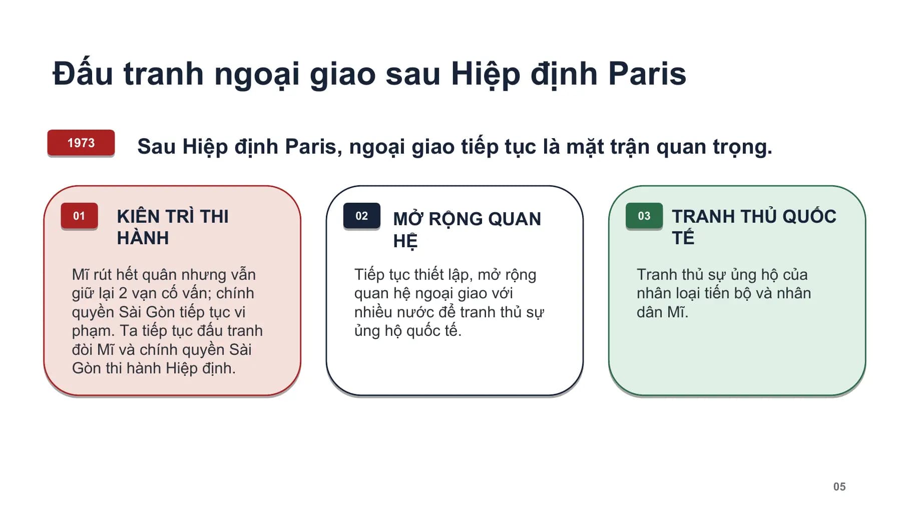 Đấu tranh ngoại giao sau Hiệp định Paris
1973
Sau Hiệp định Paris, ngoại giao tiếp tục là mặt trận quan trọng.
01 KIÊN TRÌ THI 02
MỞ RỘNG QUAN 03 TRANH THỦ QUỐC
HÀNH HỆ TẾ
Mĩ rút hết quân nhưng vẫn Tiếp tục thiết lập, mở rộng Tranh thủ sự ủng hộ của
giữ lại 2 vạn cố vấn; chính quan hệ ngoại giao với nhân loại tiến bộ và nhân
quyền Sài Gòn tiếp tục vi nhiều nước để tranh thủ sự dân Mĩ.
phạm. Ta tiếp tục đấu tranh ủng hộ quốc tế.
đòi Mĩ và chính quyền Sài
Gòn thi hành Hiệp định.
05