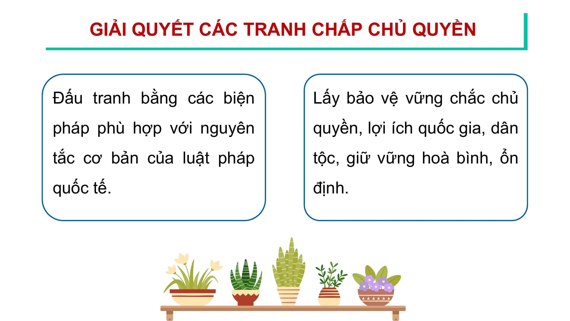 GIẢI QUYẾT
Hoạt CÁC
độngTRANH
thực thiCHẤP CHỦ QUYỀN
chủ quyền
Đấu tranh bằng các biện Lấy bảo vệ vững chắc chủ
pháp phù hợp với nguyên quyền, lợi ích quốc gia, dân
tắc cơ bản của luật pháp tộc, giữ vững hoà bình, ổn
quốc tế. định.