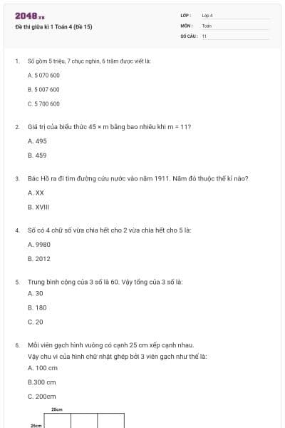 Đề thi giữa kì 1 Toán 4 (Đề 15)