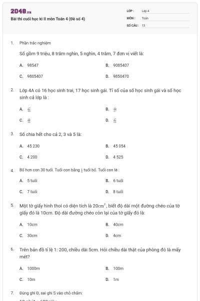 Bài thi cuối học kì II môn Toán 4 (Đề số 4)