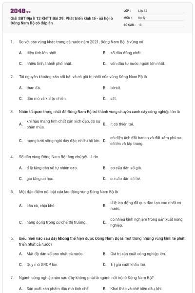 Giải SBT Địa lí 12 KNTT Bài 29. Phát triển kinh tế - xã hội ở Đông Nam Bộ có đáp án