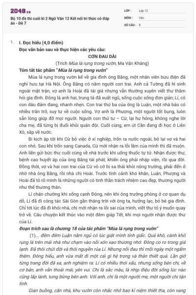 Bộ 10 đề thi cuối kì 2 Ngữ Văn 12 Kết nối tri thức có đáp án - Đề 7
