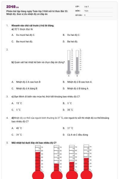 Phiếu bài tập hàng ngày Toán lớp 3 Kết nối tri thức Bài 33. Nhiệt độ. Đơn vị đo nhiệt độ có đáp án