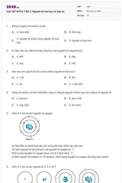 Giải SBT KHTN 7 Bài 3. Nguyên tố hóa học có đáp án