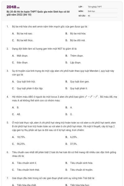 Bộ 20 đề thi ôn luyện THPT Quốc gia môn Sinh học có lời giải năm 2022 (Đề 10)