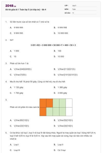 Đề thi giữa kì 1 Toán lớp 5 (có đáp án) - Đề 4