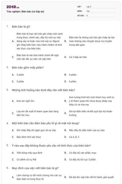 Trắc nghiệm: Biên bản (có đáp án)